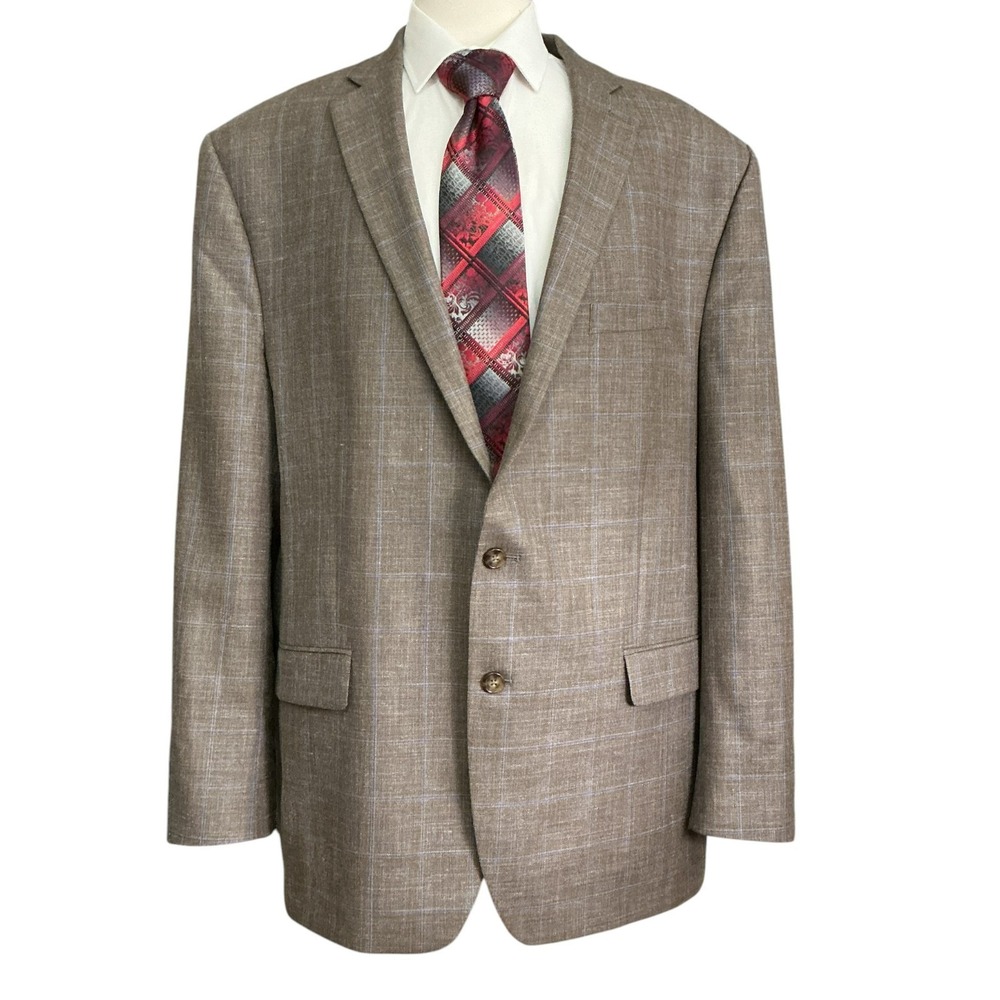 Ralph Lauren Wool Silk Linen Windowpane Blazer Sport Coat Size 52L Beige Blue